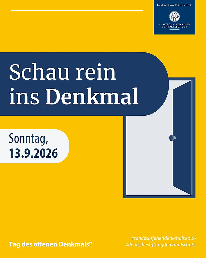 Grafisch dargestellt eine offene Tür und der Text Schau rein ins Denkmal