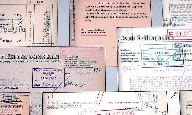 Programmes de recherche / Projets extrabudgétaires Ausschnitt aus der Hauptausstellung mit ausgestellten Quellen, Foto: KZ-Gedenkstätte Neuengamme, 2013.