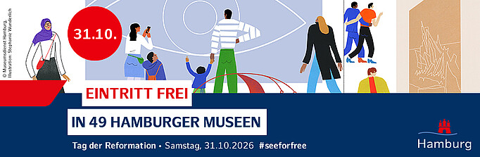 Banner für die Aktion #Seeforfree mit gezeichneten grafischenFiguren und der Info "Eintritt frei in 29 Hamburger Museen" 31. Oktober