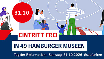 Banner für die Aktion #Seeforfree mit gezeichneten grafischenFiguren und der Info "Eintritt frei in 29 Hamburger Museen" 31. Oktober