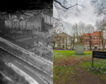 links ein historisches Foto in schwarz-weiß mit Gebäuden und Straßen, links ein Park mit einem Mahnmal, Häuser im Hintergrund
