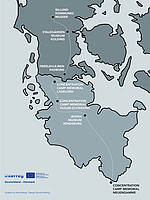 Karte von Norddeutschland und Süddänemark, wo die 11 Projektpartner*innen markiert sind, unten links das interreg-Logo