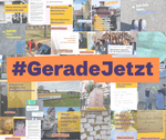 Collage an Beiträgen, die im Rahmen der Kampagne #GeradeJetzt in den Sozialen Medien gepostet wurden. Im Vordergrund der Schriftzug #GeradeJetzt