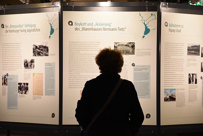 Ein Besucher der Ausstellung vor einem der Plakate