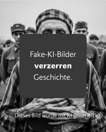 Ein KI-generiertes Bild ist im Hintergrund zu sehen, dass einen KZ-Häftling zeigt, hinter dem Soldaten stehen, davor ein Kasten mit dem Text Fake KI-Bilder verzerren Geschichte
